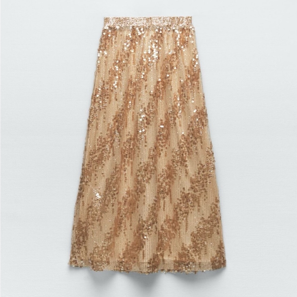 Zara : Bronze Long Sequin Skirt | Size S | NWT